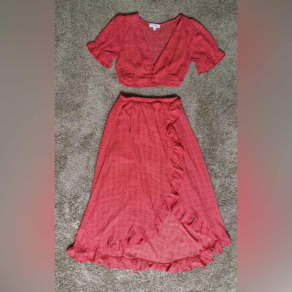 Red and WhiteTwo-Piece Ruffle Skirt and Crop Top Set